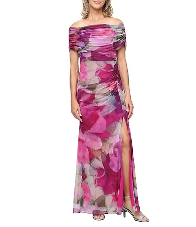 Ignite Evenings Petite Size Printed Mesh Off-The-Shoulder Long Dress