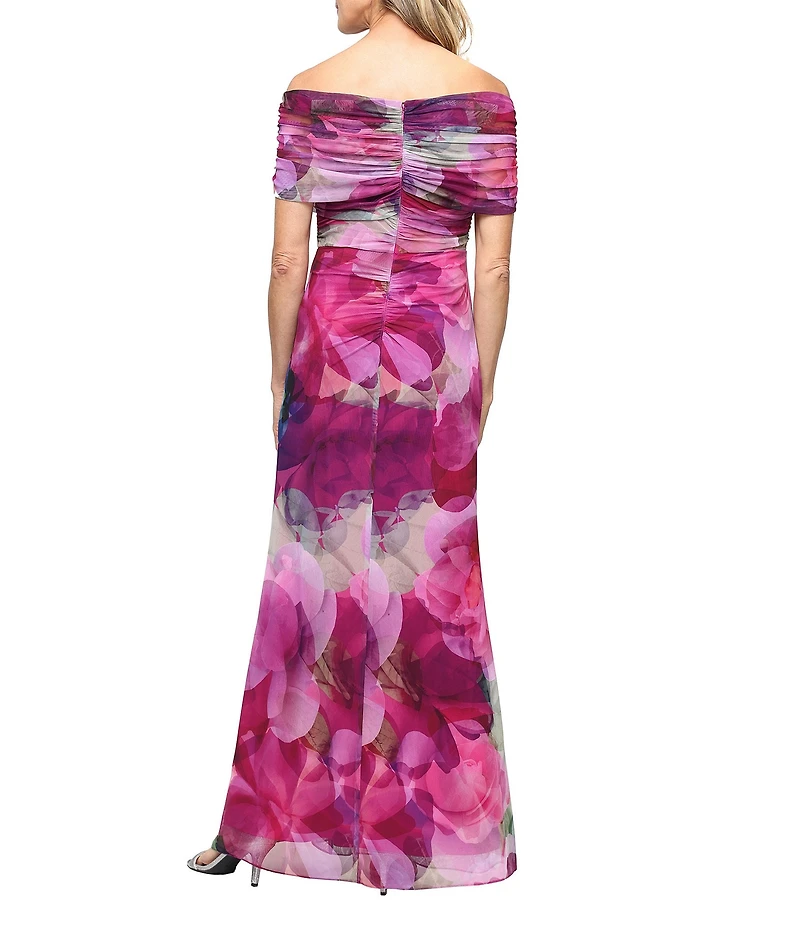 Ignite Evenings Petite Size Printed Mesh Off-The-Shoulder Long Dress
