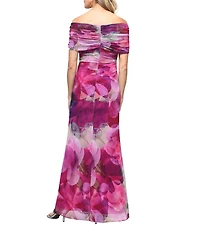 Ignite Evenings Petite Size Printed Mesh Off-The-Shoulder Long Dress