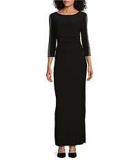 Ignite Evenings Petite Size Boat Neck 3/4 Embellished Sleeve Ruched Waist Sheath Dress