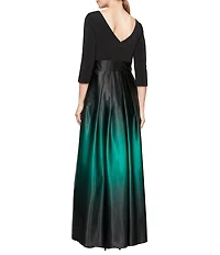 Ignite Evenings Petite Size Boat Neck 3/4 Sleeve Belted Bow Detail Ombre Satin Pleated Ball Gown