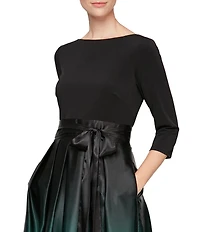 Ignite Evenings Petite Size Boat Neck 3/4 Sleeve Belted Bow Detail Ombre Satin Pleated Ball Gown