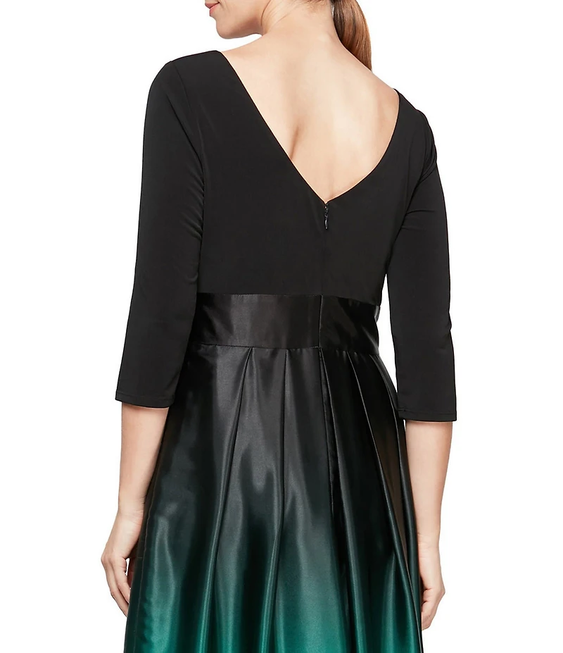 Ignite Evenings Petite Size Boat Neck 3/4 Sleeve Belted Bow Detail Ombre Satin Pleated Ball Gown
