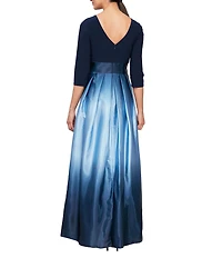 Ignite Evenings Petite Size Boat Neck 3/4 Sleeve Belted Bow Detail Ombre Satin Pleated Ball Gown