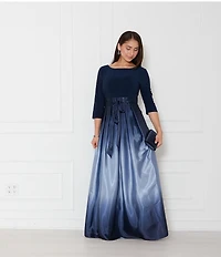 Ignite Evenings Petite Size Boat Neck 3/4 Sleeve Belted Bow Detail Ombre Satin Pleated Ball Gown