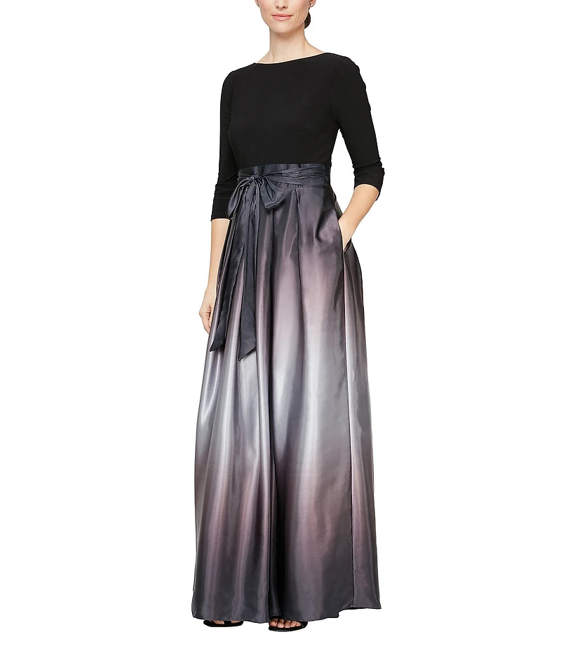 Ignite Evenings Petite Size Boat Neck 3/4 Sleeve Belted Bow Detail Ombre Satin Pleated Ball Gown
