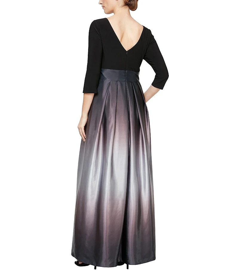 Ignite Evenings Petite Size Boat Neck 3/4 Sleeve Belted Bow Detail Ombre Satin Pleated Ball Gown