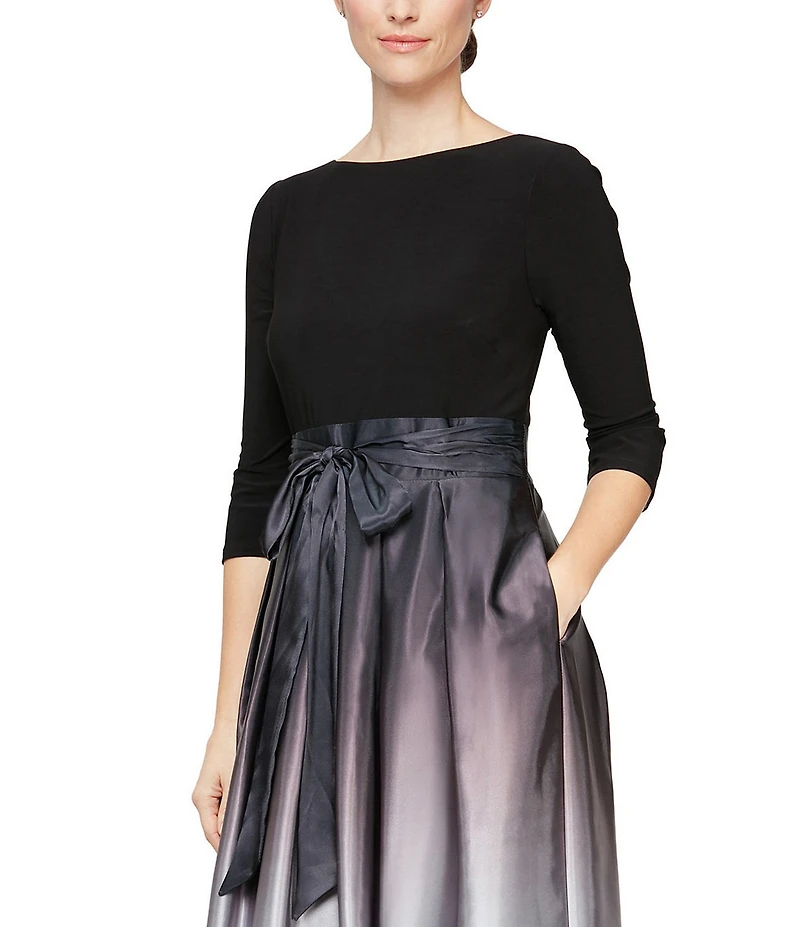 Ignite Evenings Petite Size Boat Neck 3/4 Sleeve Belted Bow Detail Ombre Satin Pleated Ball Gown