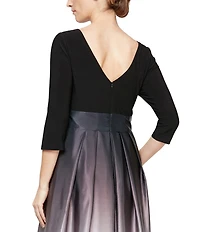 Ignite Evenings Petite Size Boat Neck 3/4 Sleeve Belted Bow Detail Ombre Satin Pleated Ball Gown