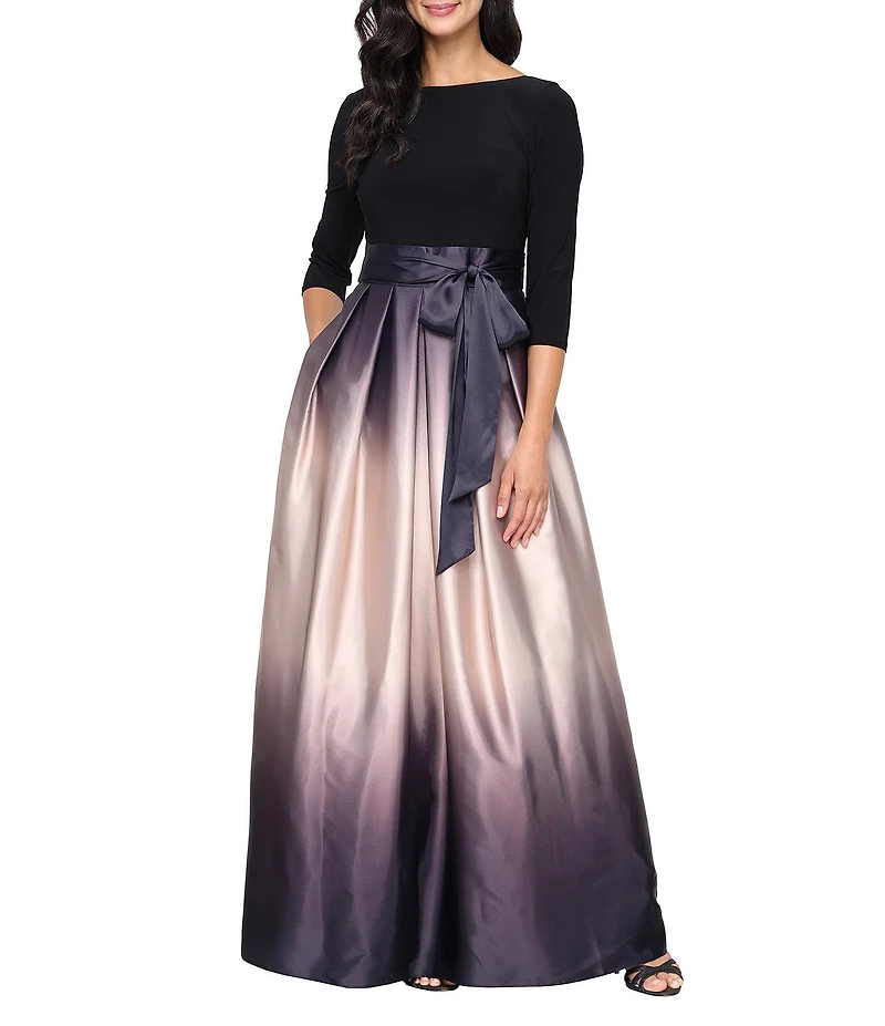 Ignite Evenings Petite Size Boat Neck 3/4 Sleeve Belted Bow Detail Ombre Satin Pleated Ball Gown