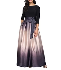 Ignite Evenings Petite Size Boat Neck 3/4 Sleeve Belted Bow Detail Ombre Satin Pleated Ball Gown