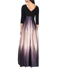 Ignite Evenings Petite Size Boat Neck 3/4 Sleeve Belted Bow Detail Ombre Satin Pleated Ball Gown