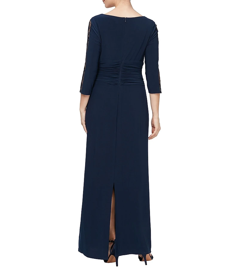 Ignite Evenings Petite Size Ruched Waist Embellished Illusion Sleeve Gown