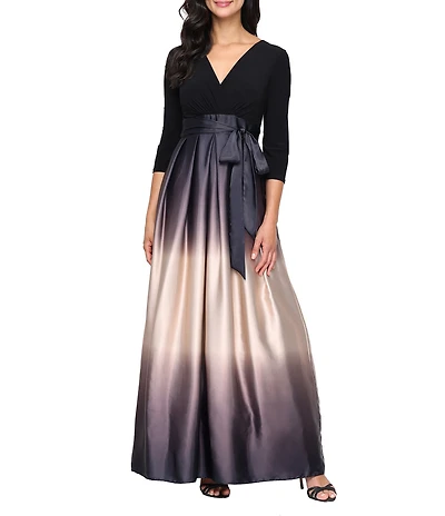 Ignite Evenings Petite Size Satin Charmeuse Ombre Skirt Tie Waist Matte Jersey Bodice 3/4 Sleeve V-Neck Ball Gown