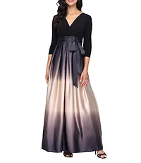 Ignite Evenings Petite Size Satin Charmeuse Ombre Skirt Tie Waist Matte Jersey Bodice 3/4 Sleeve V-Neck Ball Gown
