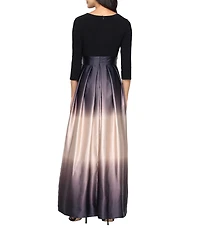 Ignite Evenings Petite Size Satin Charmeuse Ombre Skirt Tie Waist Matte Jersey Bodice 3/4 Sleeve V-Neck Ball Gown