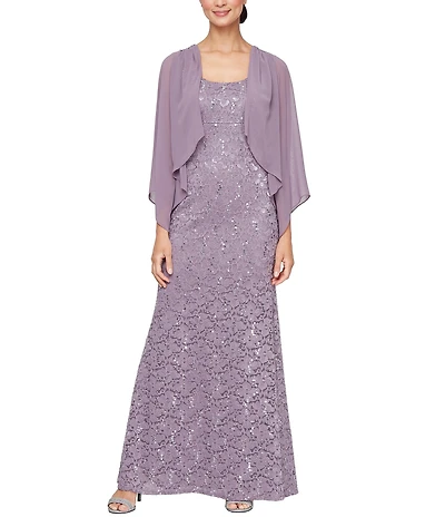 Ignite Evenings Petite Size Scoop Neck Capelet Sleeve Lace Mock Jacket Dress