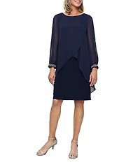 Ignite Evenings Petite Size Scoop Neck Illusion Bubble Sleeve with Beaded Cuff and Tulip Overlay Sheath Dress