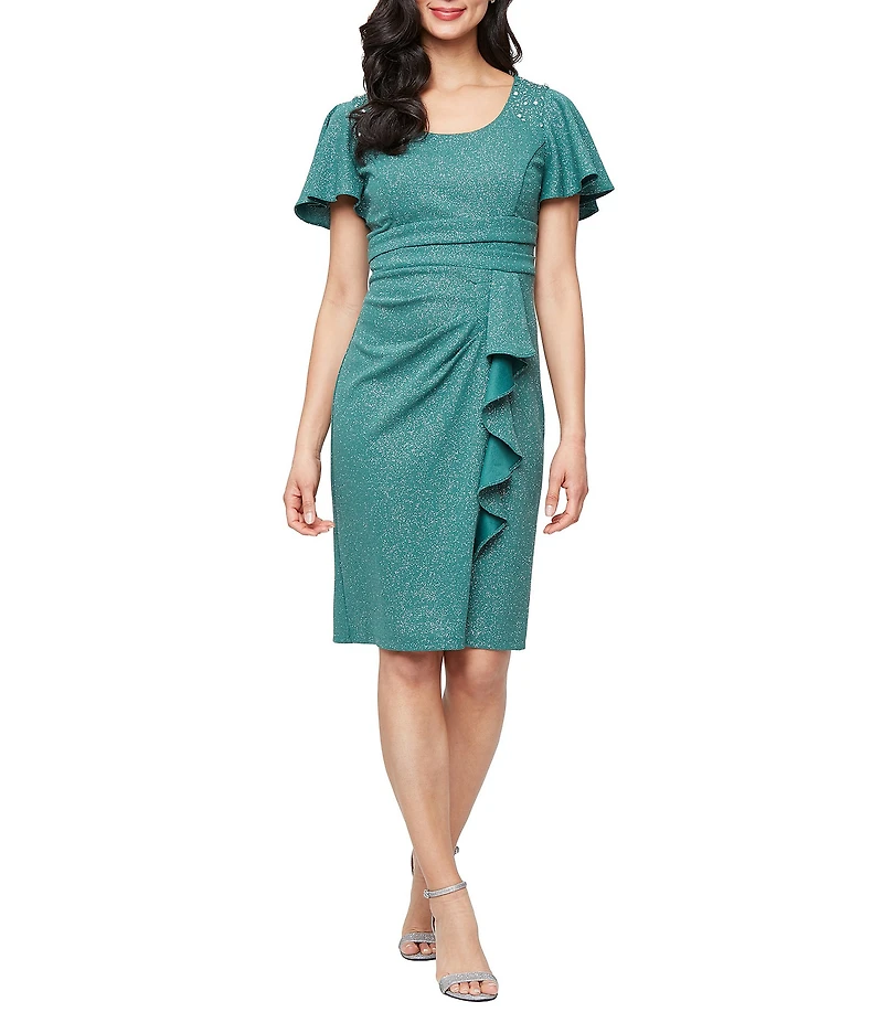 Ignite Evenings Petite Size Scoop Neck Short Flutter Embellished Sleeve Glitter Metallic Knit Sheath Dress