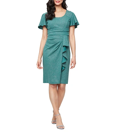 Ignite Evenings Petite Size Scoop Neck Short Flutter Embellished Sleeve Glitter Metallic Knit Sheath Dress