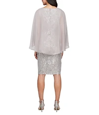 Ignite Evenings Petite Size Sequin Boat Neck 3/4 Chiffon Overlay Sleeves Sheath Dress