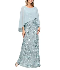Ignite Evenings Petite Size Sequin Embroidered Tulip Long Caplet Sleeve Chiffon Overlay Dress