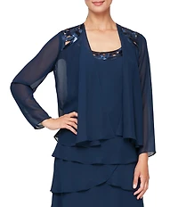 Ignite Evenings Petite Size Sequin Trim Scoop Neck Long Sleeve Tiered Jacket Dress