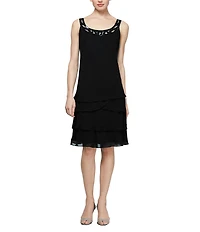 Ignite Evenings Petite Size Sequin Trim Scoop Neck Long Sleeve Tiered Jacket Dress