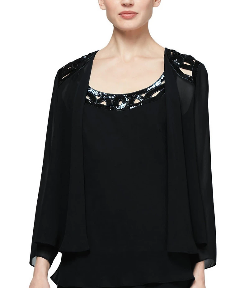 Ignite Evenings Petite Size Sequin Trim Scoop Neck Long Sleeve Tiered Jacket Dress