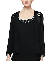 Ignite Evenings Petite Size Sequin Trim Scoop Neck Long Sleeve Tiered Jacket Dress