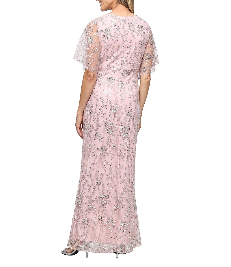 Ignite Evenings Petite Size Sequin V-Neck Short Flutter Sleeve Sheath Gown