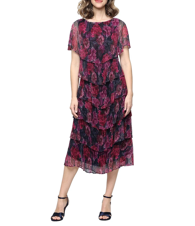 Ignite Evenings Petite Size Shimmer Bodre Short Caplet Sleeve Tiered Midi Dress