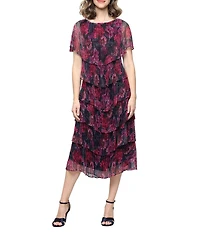 Ignite Evenings Petite Size Shimmer Bodre Short Caplet Sleeve Tiered Midi Dress