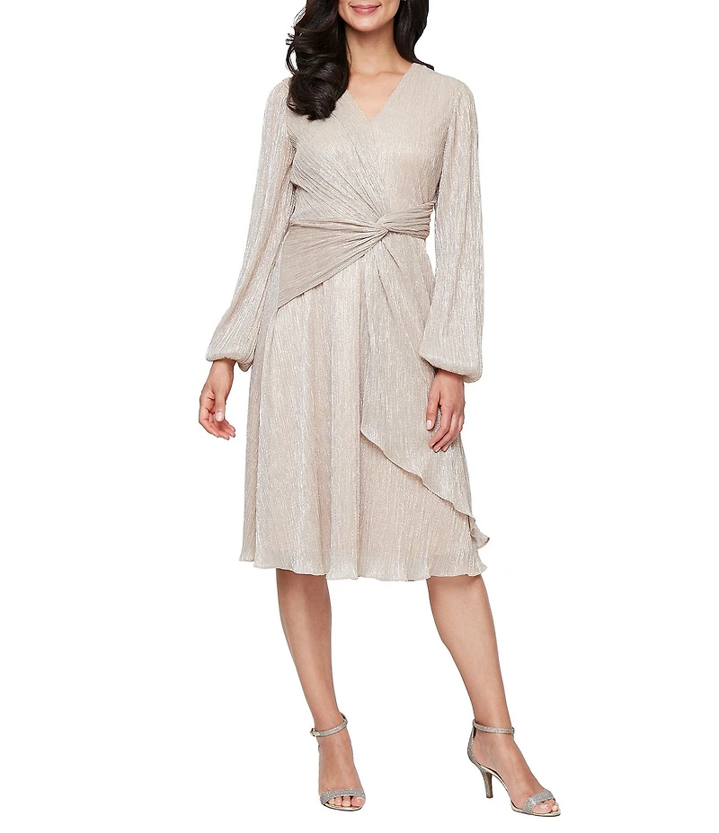 Ignite Evenings Petite Size Shimmer Bodre Surplice Neck Long Bubble Sleeve Twist Front Tea Dress