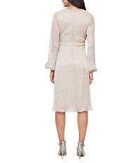 Ignite Evenings Petite Size Shimmer Bodre Surplice Neck Long Bubble Sleeve Twist Front Tea Dress