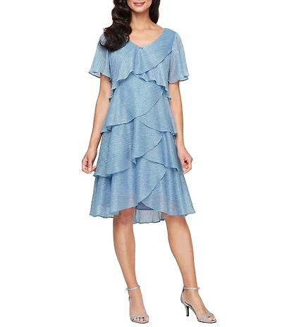 Ignite Evenings Petite Size Shimmer Tiered Ruffle V-Neck Embellishment Short Flutter Sleeve Shift Dress