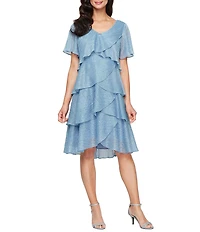 Ignite Evenings Petite Size Shimmer Tiered Ruffle V-Neck Embellishment Short Flutter Sleeve Shift Dress