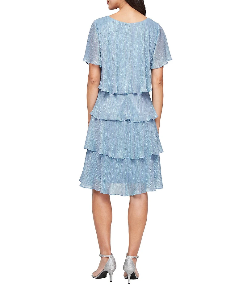 Ignite Evenings Petite Size Shimmer Tiered Ruffle V-Neck Embellishment Short Flutter Sleeve Shift Dress