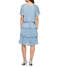 Ignite Evenings Petite Size Shimmer Tiered Ruffle V-Neck Embellishment Short Flutter Sleeve Shift Dress