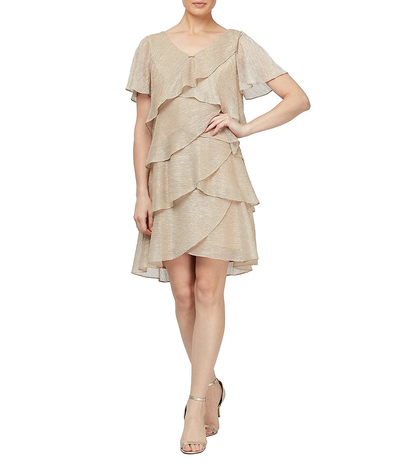 Ignite Evenings Petite Size Shimmer Tiered Ruffle V-Neck Embellishment Short Flutter Sleeve Shift Dress