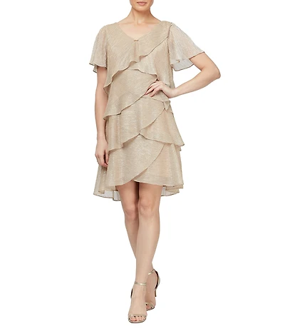 Ignite Evenings Petite Size Shimmer Tiered Ruffle V-Neck Embellishment Short Flutter Sleeve Shift Dress