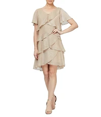 Ignite Evenings Petite Size Shimmer Tiered Ruffle V-Neck Embellishment Short Flutter Sleeve Shift Dress