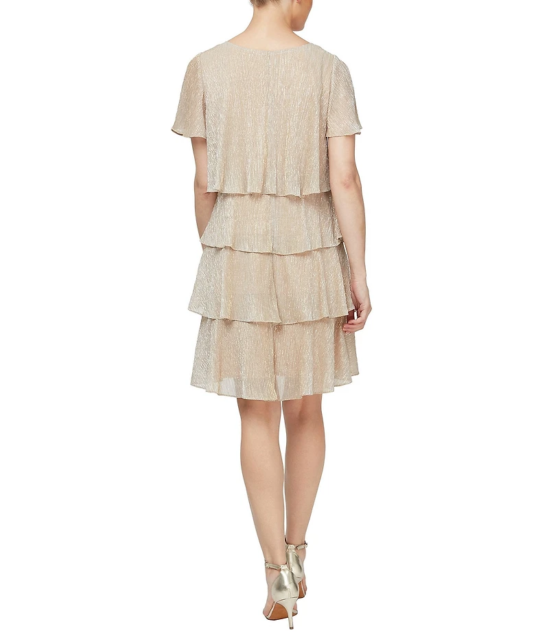 Ignite Evenings Petite Size Shimmer Tiered Ruffle V-Neck Embellishment Short Flutter Sleeve Shift Dress