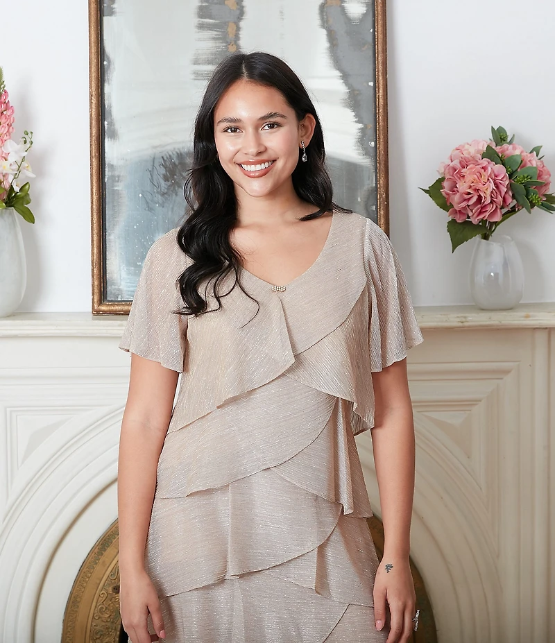 Ignite Evenings Petite Size Shimmer Tiered Ruffle V-Neck Embellishment Short Flutter Sleeve Shift Dress