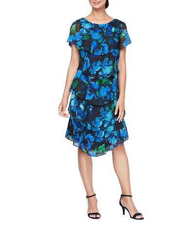 Ignite Evenings Petite Size Short Caplet Sleeve Tiered Floral Print Dress