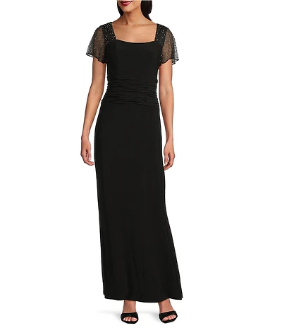 Ignite Evenings Petite Size Short Flutter Sleeve Square Neck Ruched Sheath Dress