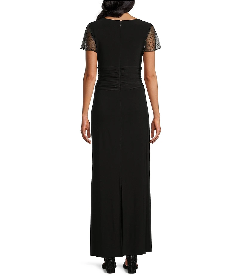 Ignite Evenings Petite Size Short Flutter Sleeve Square Neck Ruched Sheath Dress