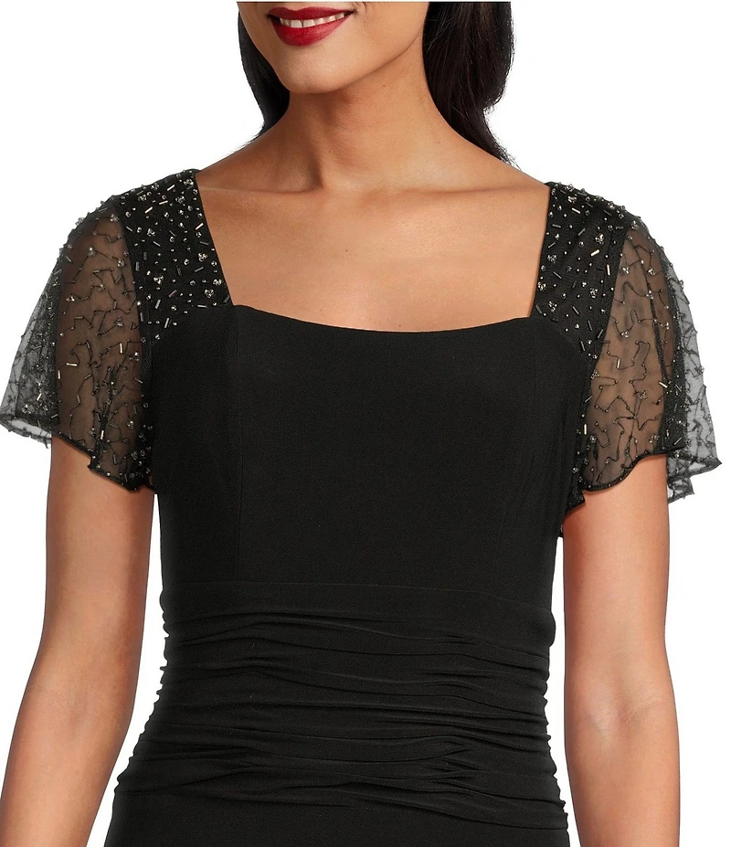 Ignite Evenings Petite Size Short Flutter Sleeve Square Neck Ruched Sheath Dress