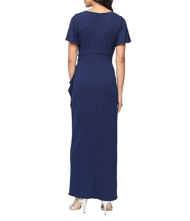 Ignite Evenings Petite Size Short Flutter Sleeve V-Neck Glitter Knit Gown |  Liberty Center