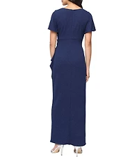 Ignite Evenings Petite Size Short Flutter Sleeve V-Neck Glitter Knit Gown